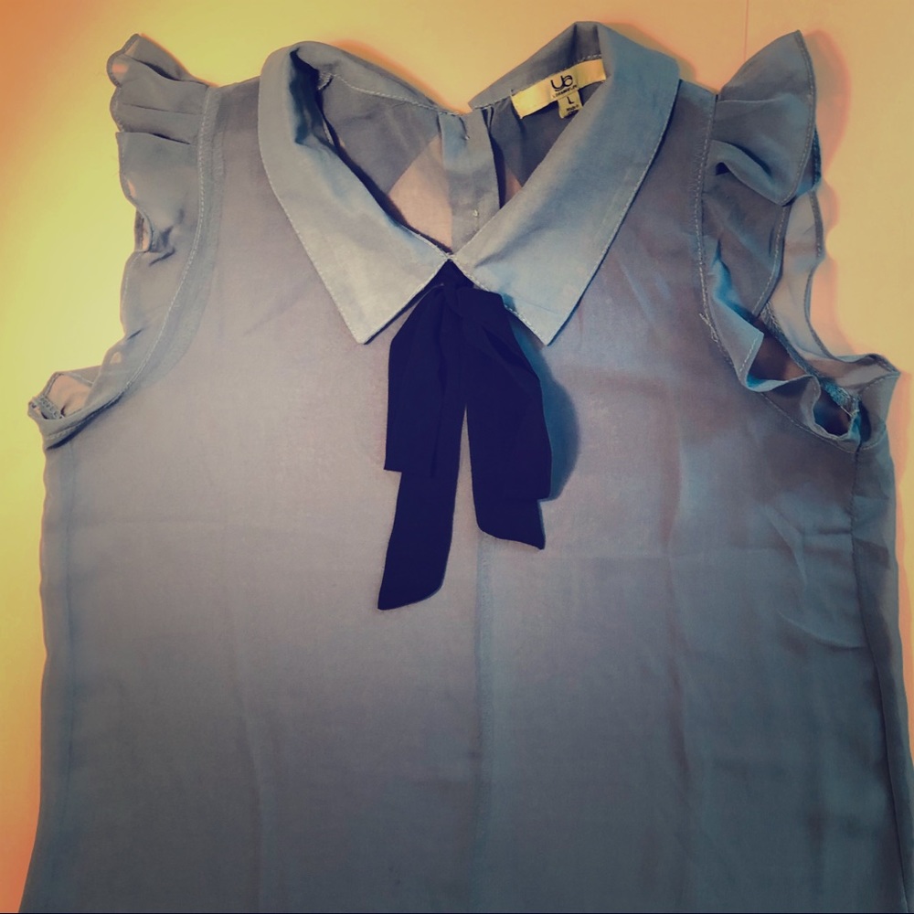 Sheer Cadet Blue Ruffled Blouse with Pussy Bow